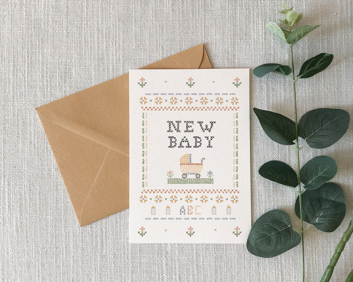 New Baby Illustrated Cross Stitch Greeting Card