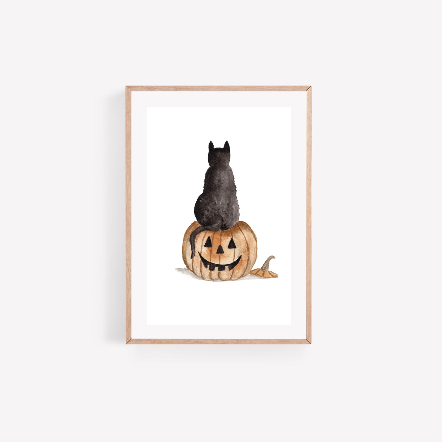 Black Cat on Halloween Pumpkin Watercolour Art Print