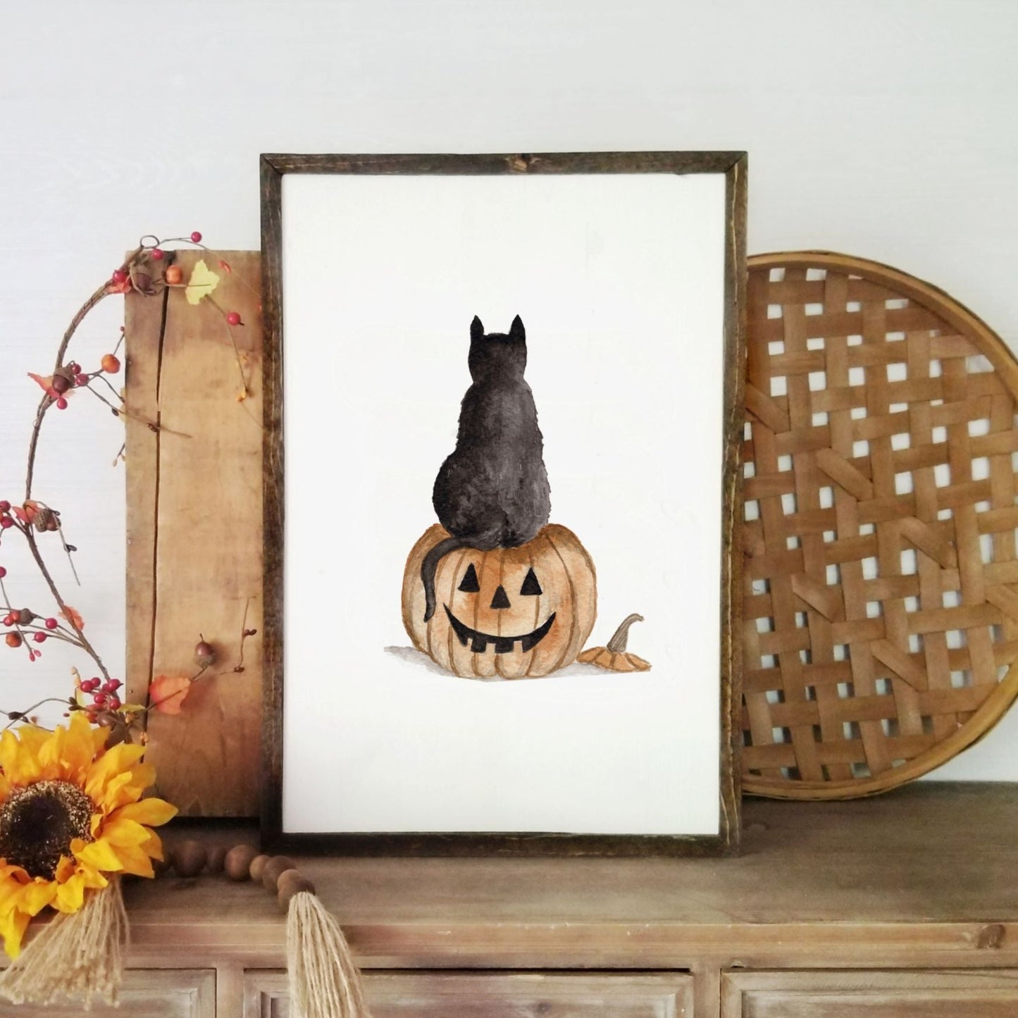 Black Cat on Halloween Pumpkin Watercolour Art Print
