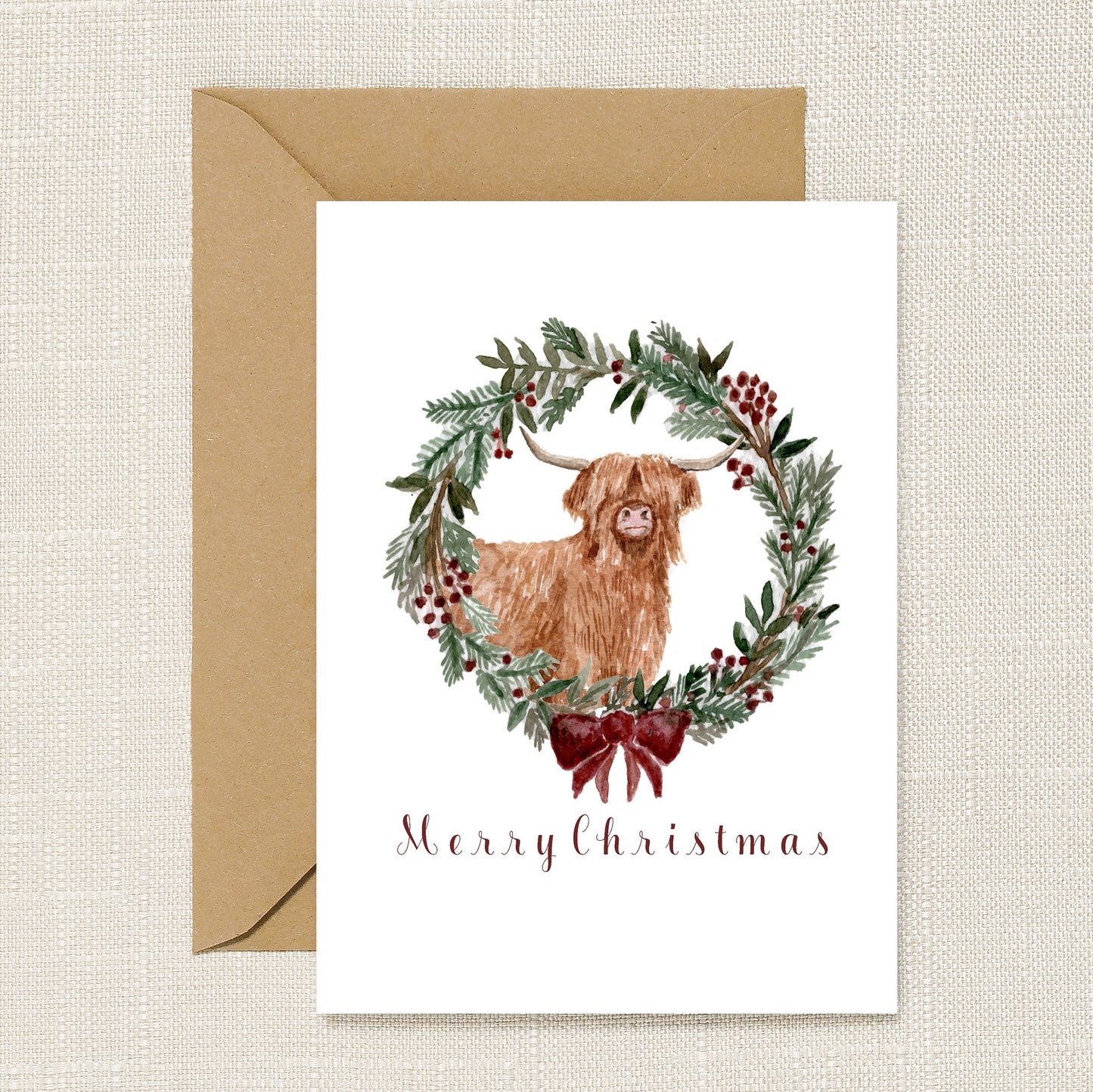 Highland Cow in Wreath Christmas Card