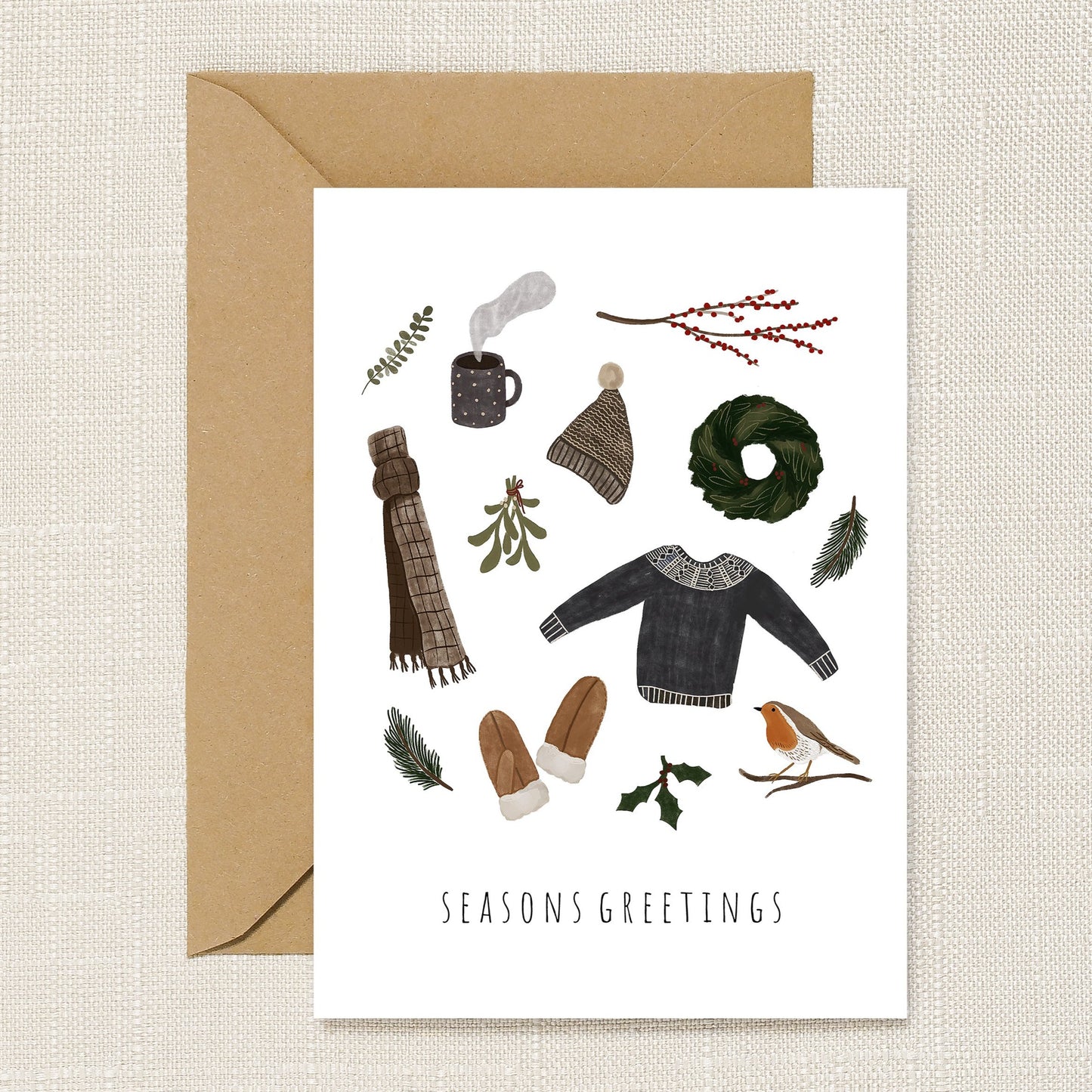 Seasons Greetings Winter Essentials Christmas Card