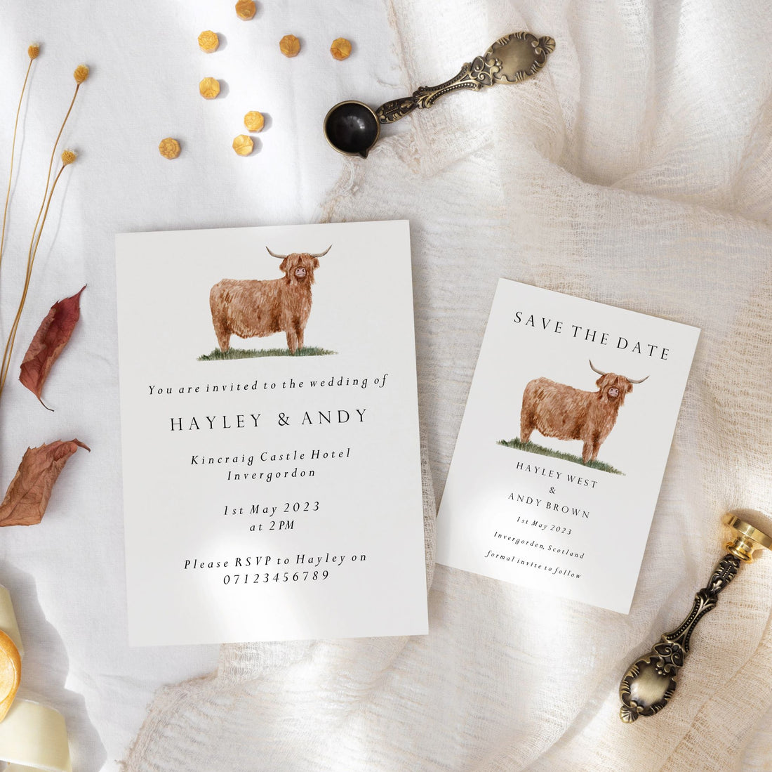 Scotland Wedding Invitation Ideas - Highland Cow Wedding Invite Card by HeatherLucyJ