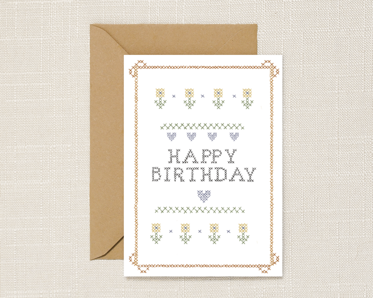 Happy Birthday Illustrated Cross Stitch Greeting Card
