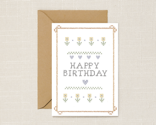 Happy Birthday Illustrated Cross Stitch Greeting Card