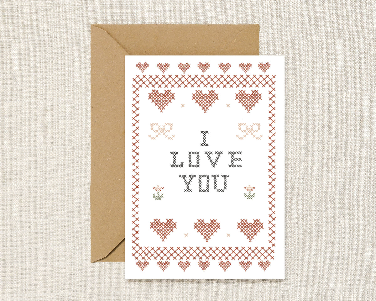 I Love You Illustrated Cross Stitch Greeting Card