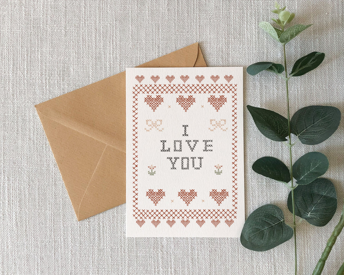 I Love You Illustrated Cross Stitch Greeting Card