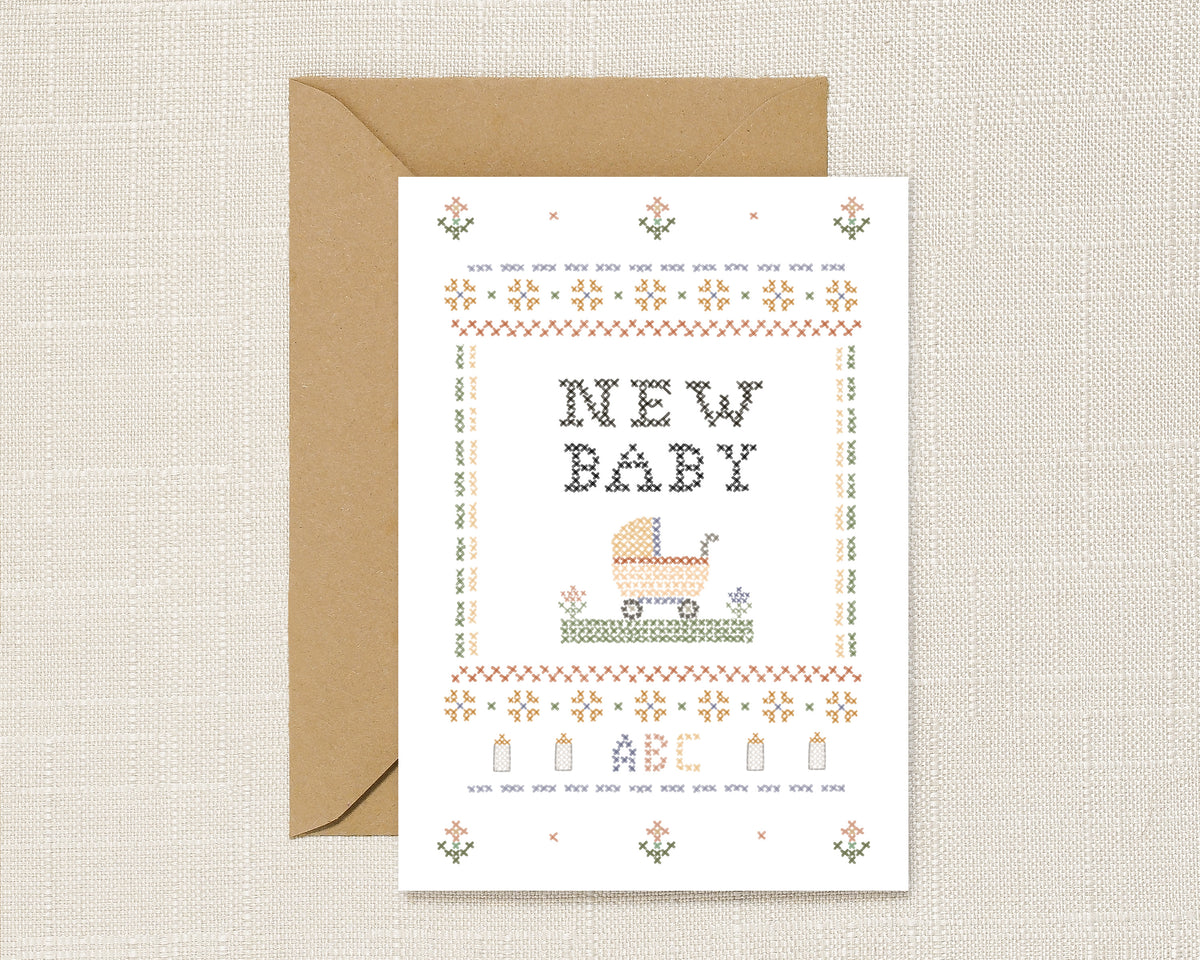 New Baby Illustrated Cross Stitch Greeting Card