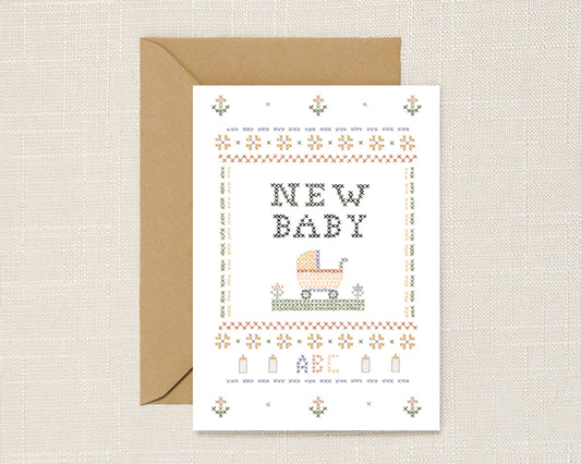 New Baby Illustrated Cross Stitch Greeting Card