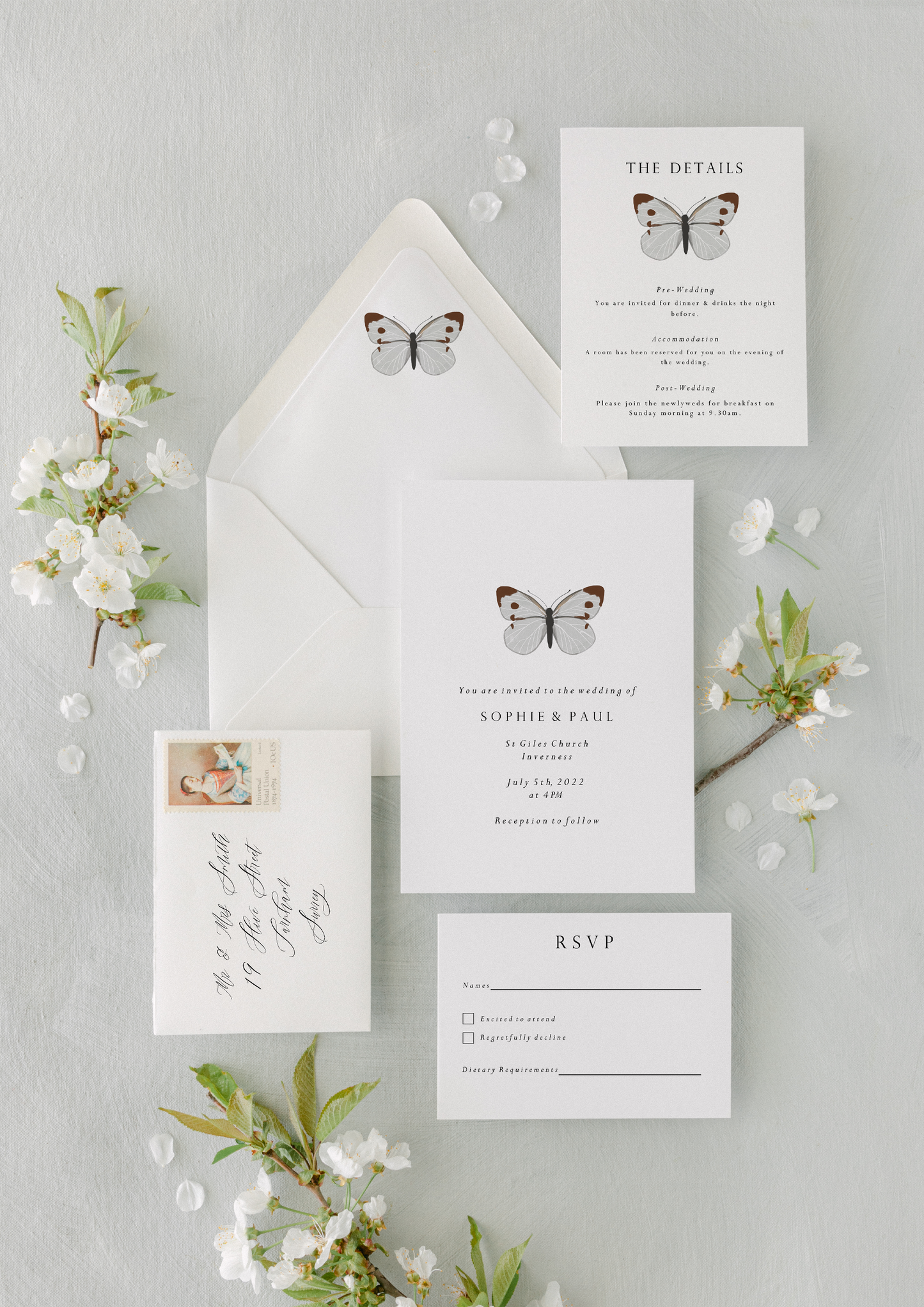 White Butterfly Minimal Wedding Invitation