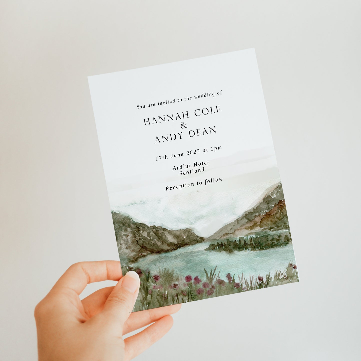 Summer in the Scottish Highlands Watercolour Wedding Invitation