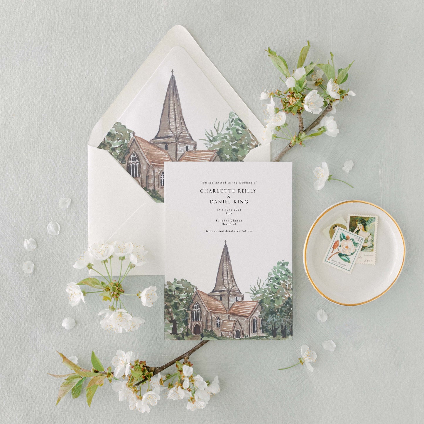 Custom Venue Portrait Wedding Invitation + Envelope Liner