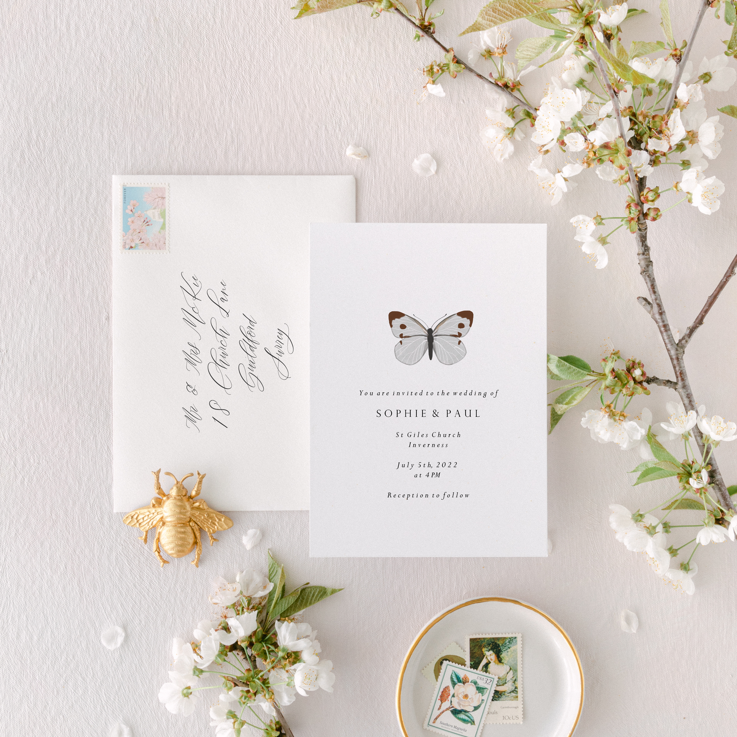 White Butterfly Minimal Wedding Invitation