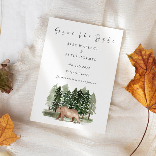 Forest Brown Bear Wedding Save the Date