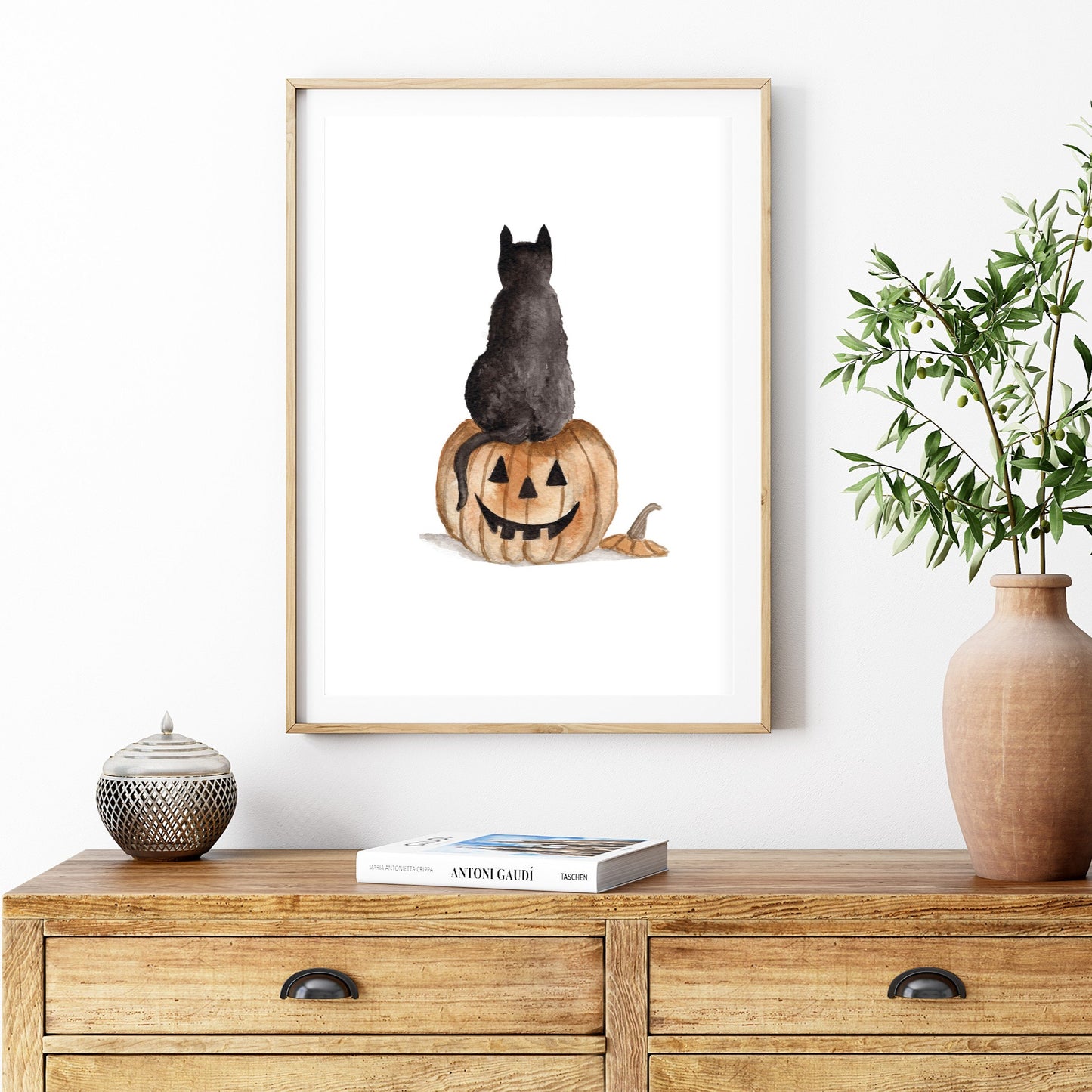 Black Cat on Halloween Pumpkin Watercolour Art Print