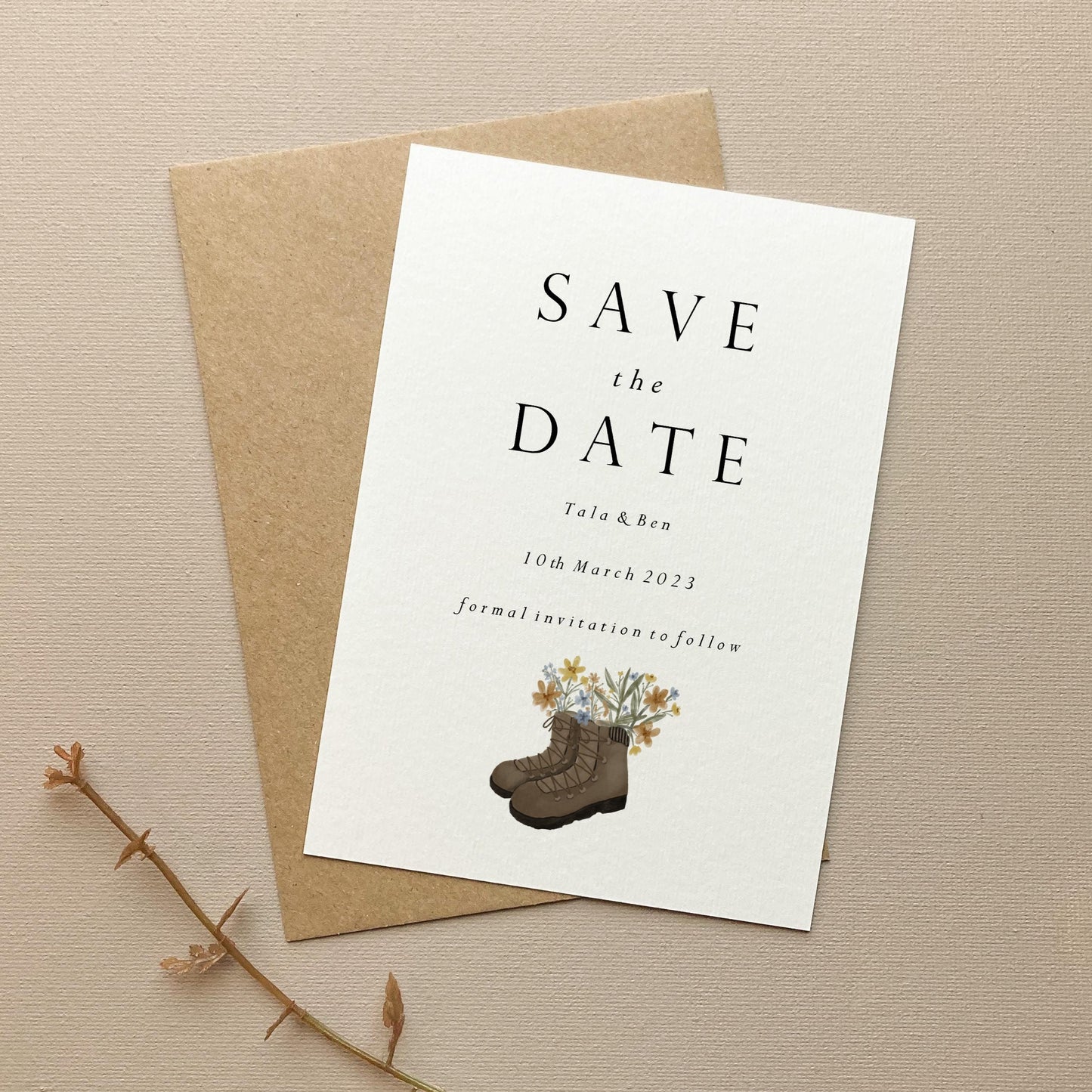 Hiking Boots with Flowers Wedding Save the Date
