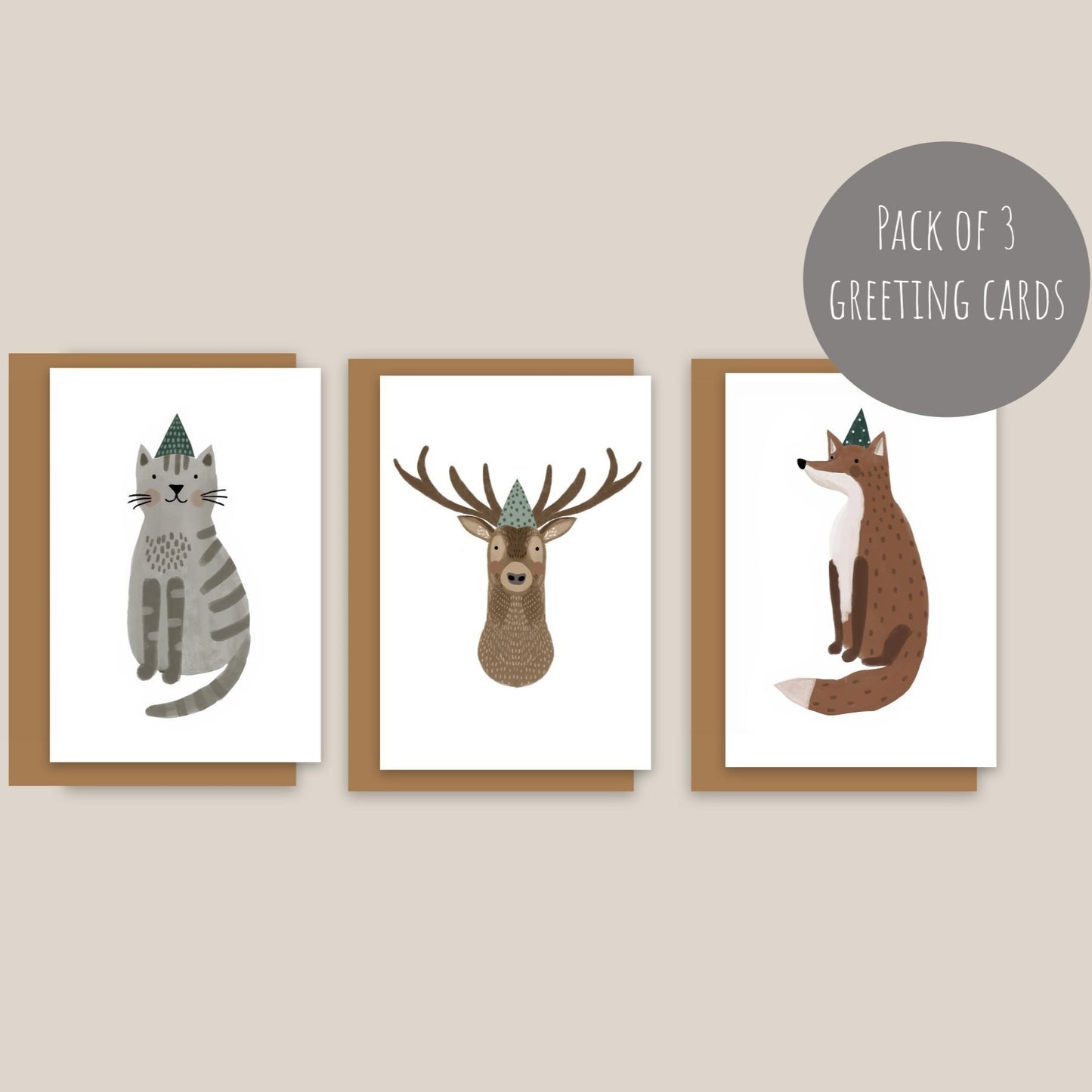 Set of 3 Party Hat Animal Cards