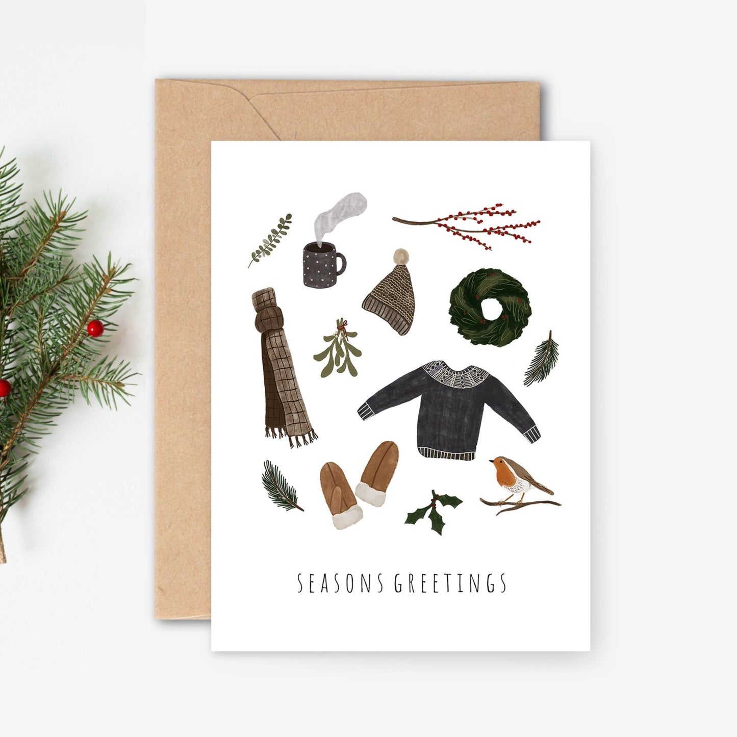Seasons Greetings Winter Essentials Christmas Card