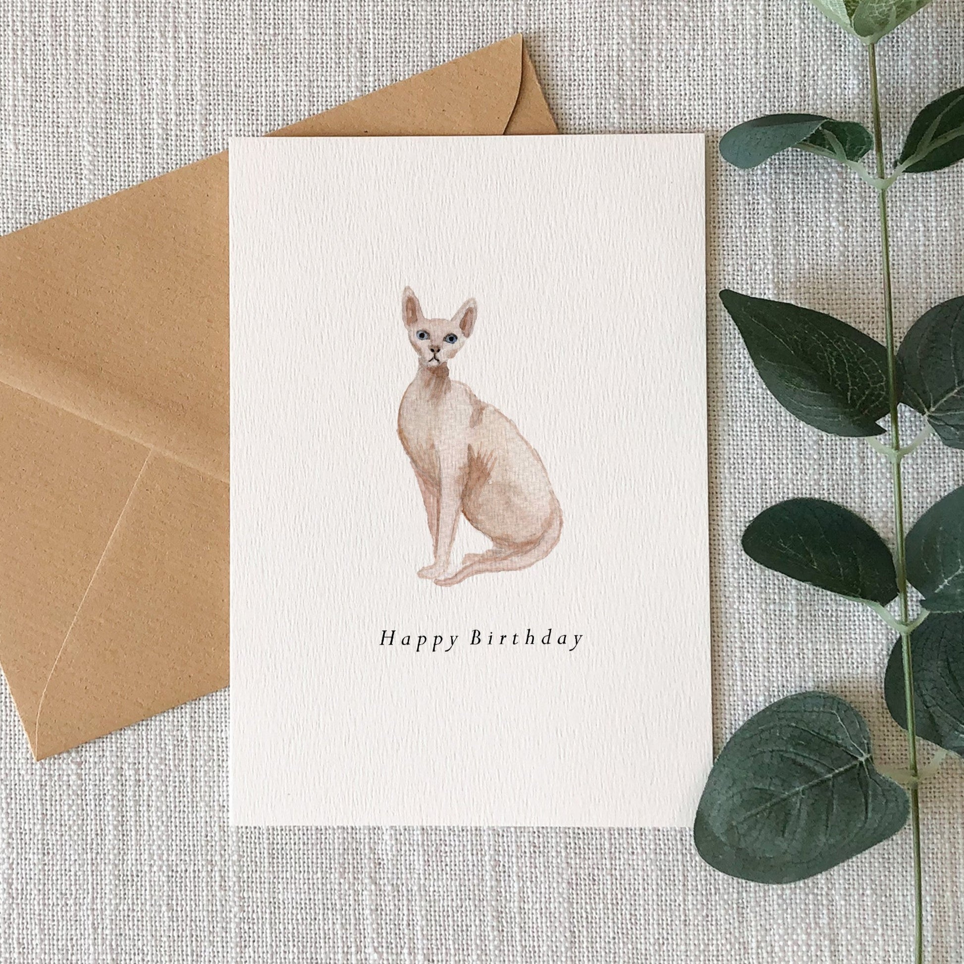 Sphynx Bald Cat Birthday Card by HeatherLucyJ. Pet Portrait Cat Greeting Card