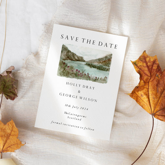 Summer in the Scottish Highlands Watercolour Wedding Save the Date